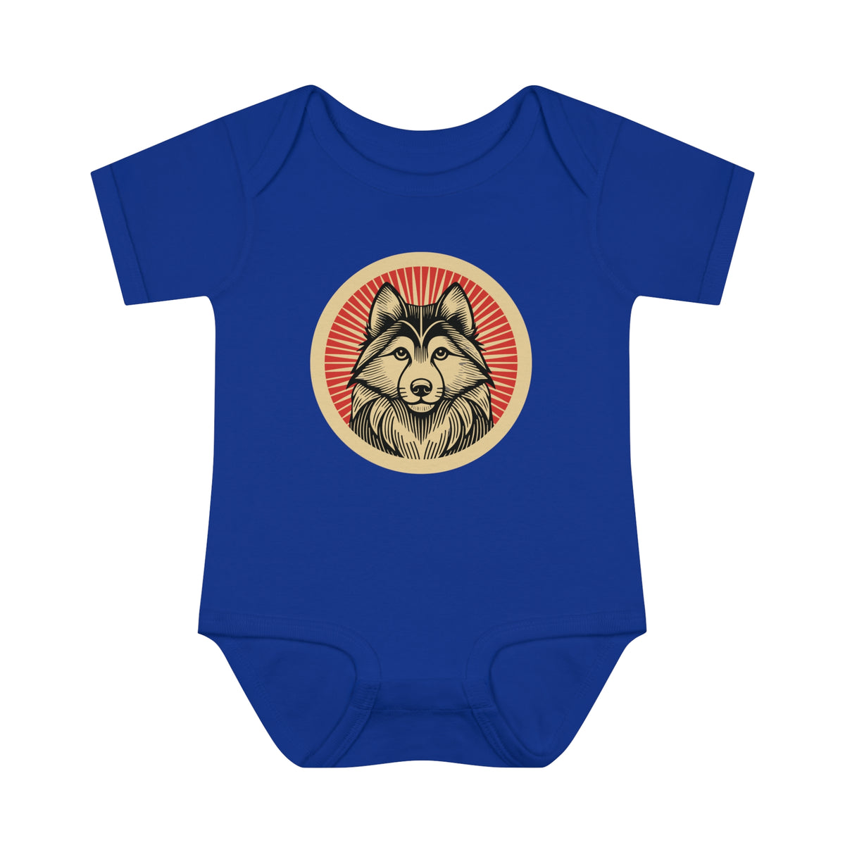 Alaskan Klee Kai badge art in a ring of red rays on a baby bodysuit