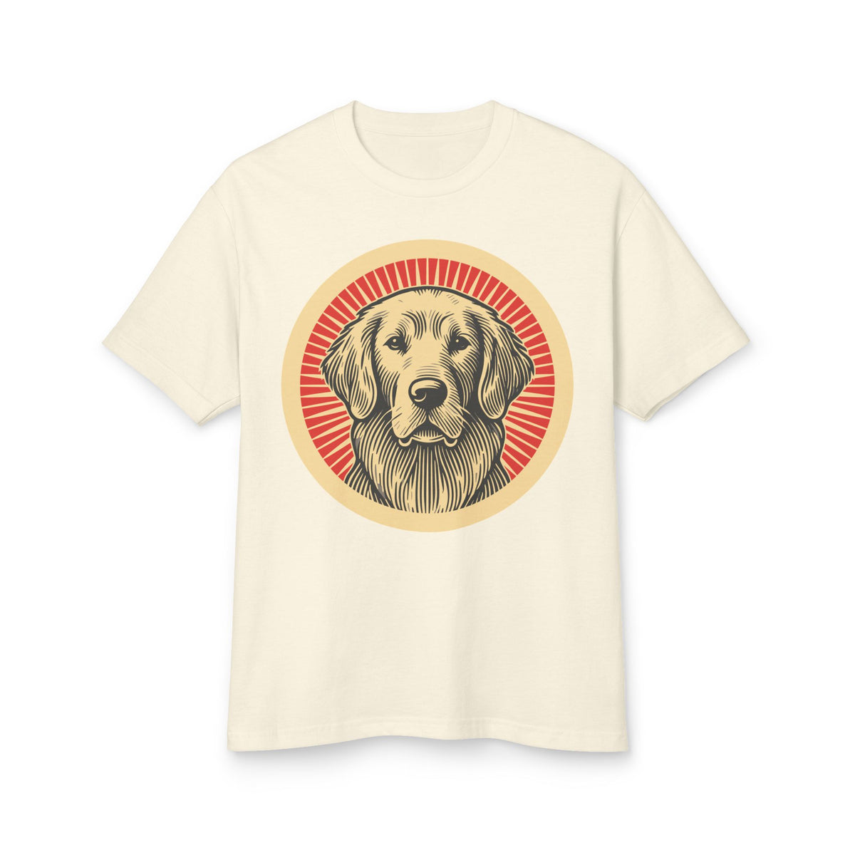 Golden Retriever badge art in a ring of red rays on a heavyweight tee