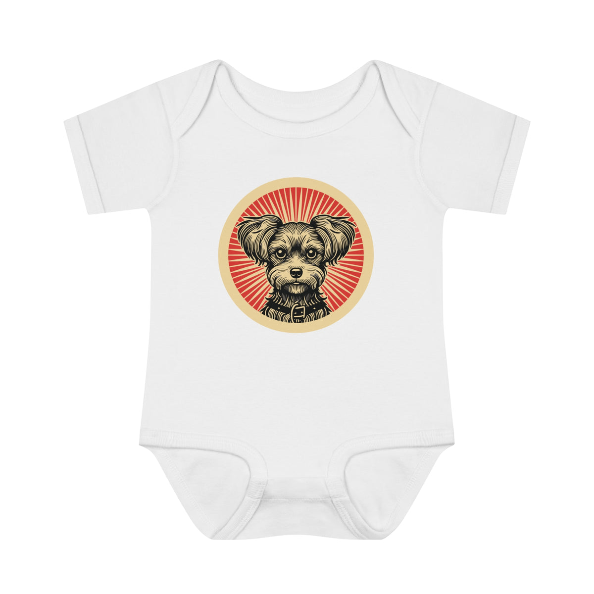 Yorkipoo badge art in a ring of red rays on a baby bodysuit