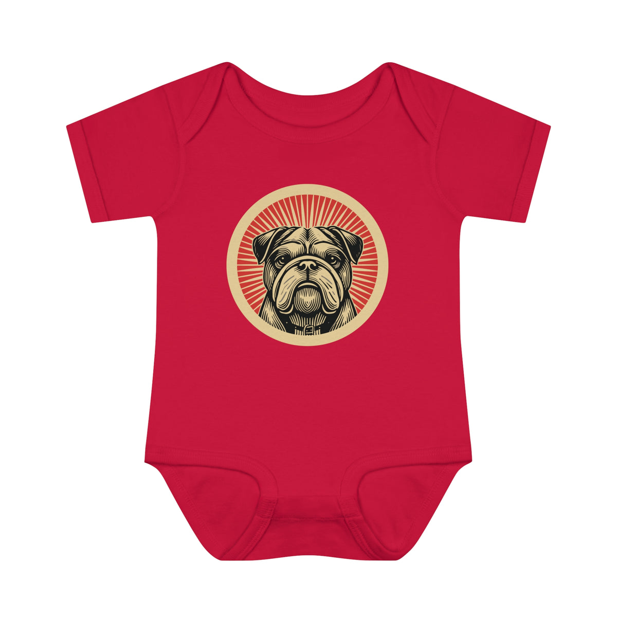 Bulldog badge art in a ring of red rays on a baby bodysuit