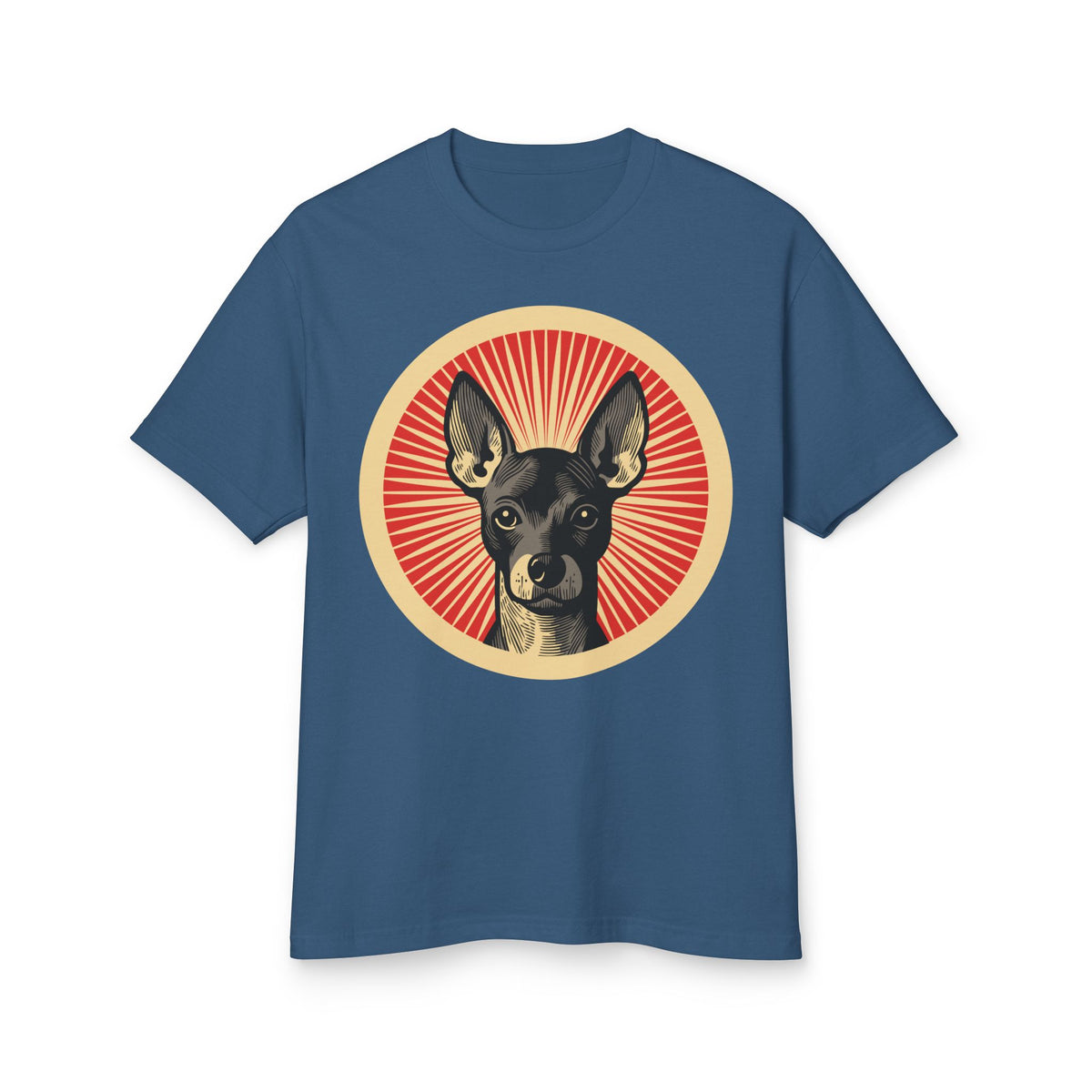 Xoloitzcuintle badge art in a ring of red rays on a heavyweight tee