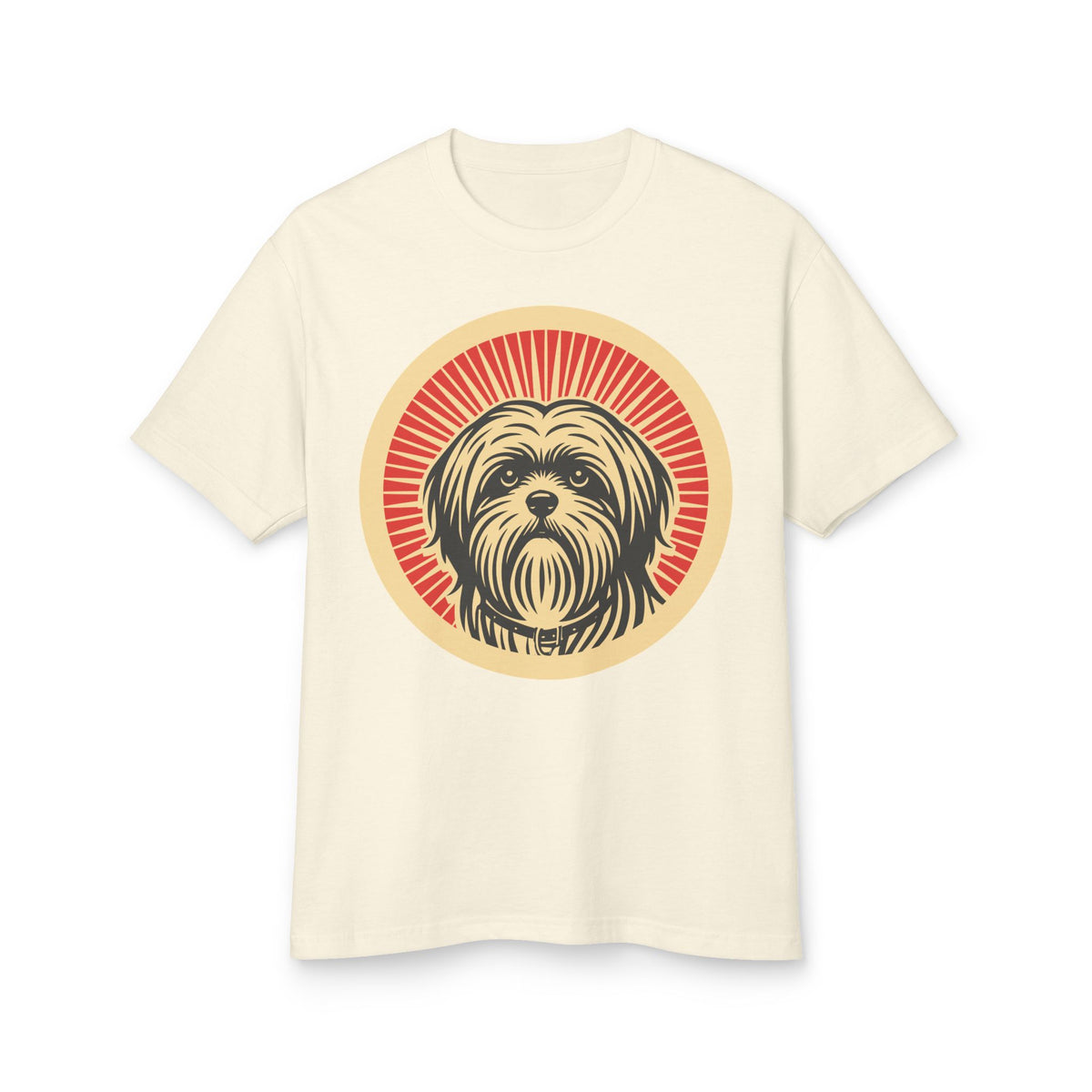 Lhasa Apso badge art in a ring of red rays on a heavyweight tee