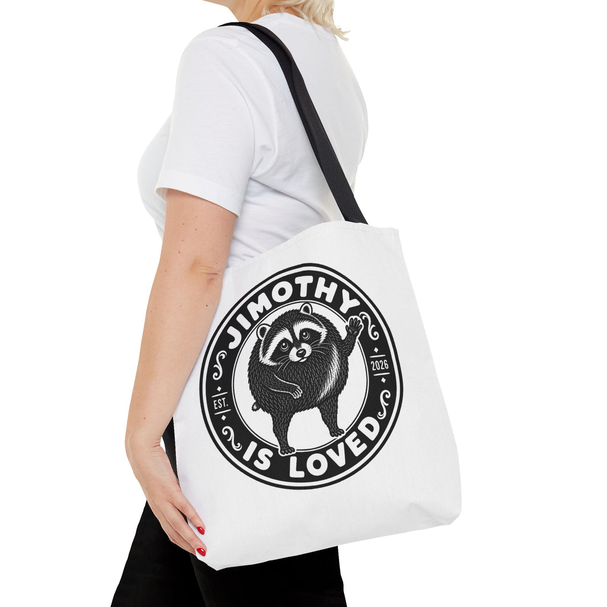 Personalized Raccoon Tote — "Jimothy Is Loved" Graphic Tote Bag