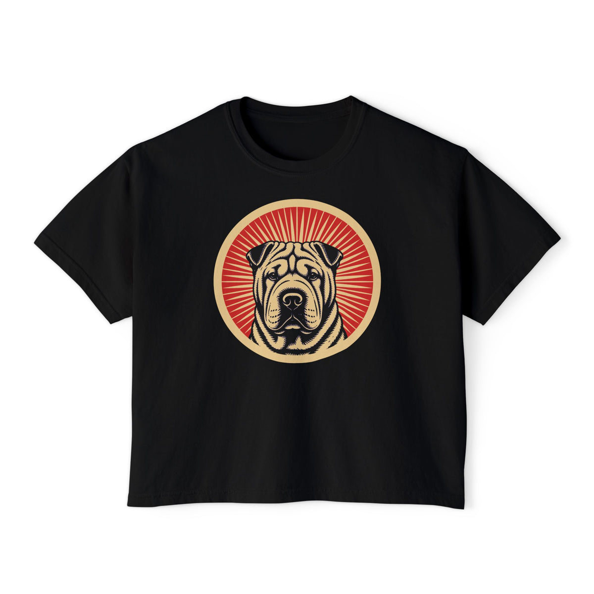 Chinese Shar-Pei badge art in a ring of red rays on a boxy tee