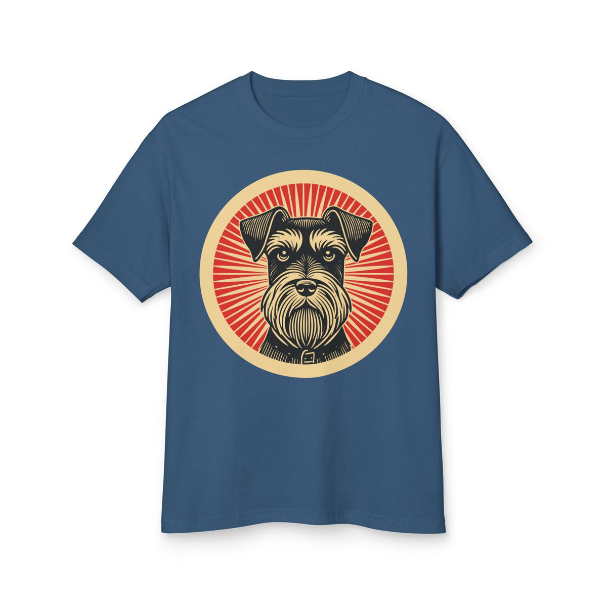 Miniature Schnauzer badge art in a ring of red rays on a heavyweight tee