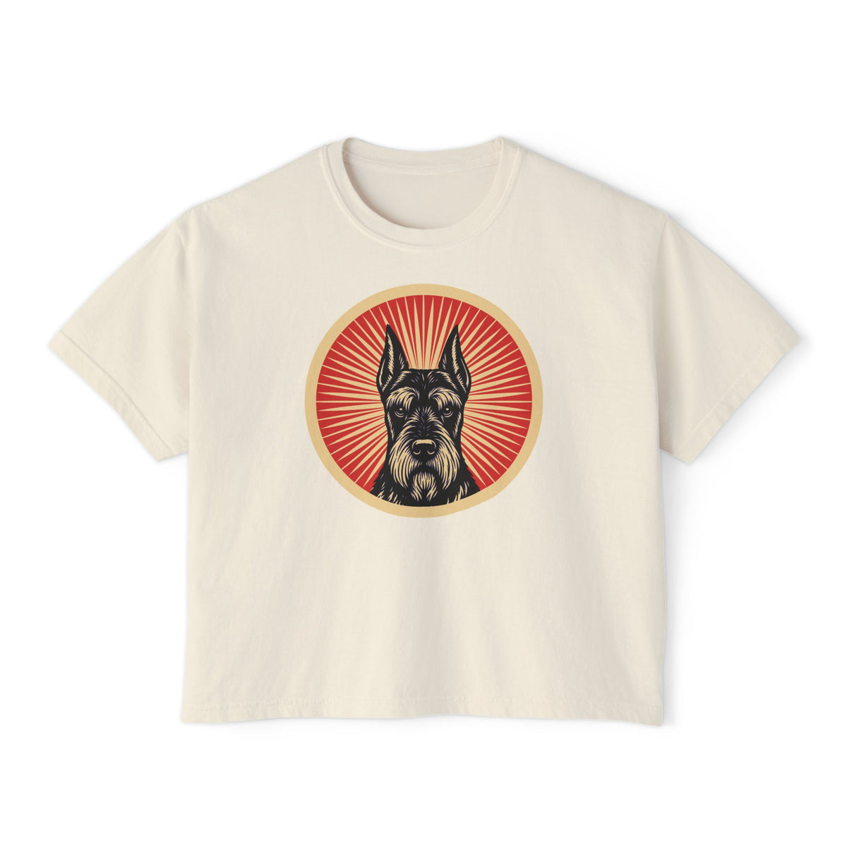 Giant Schnauzer badge art in a ring of red rays on a boxy tee