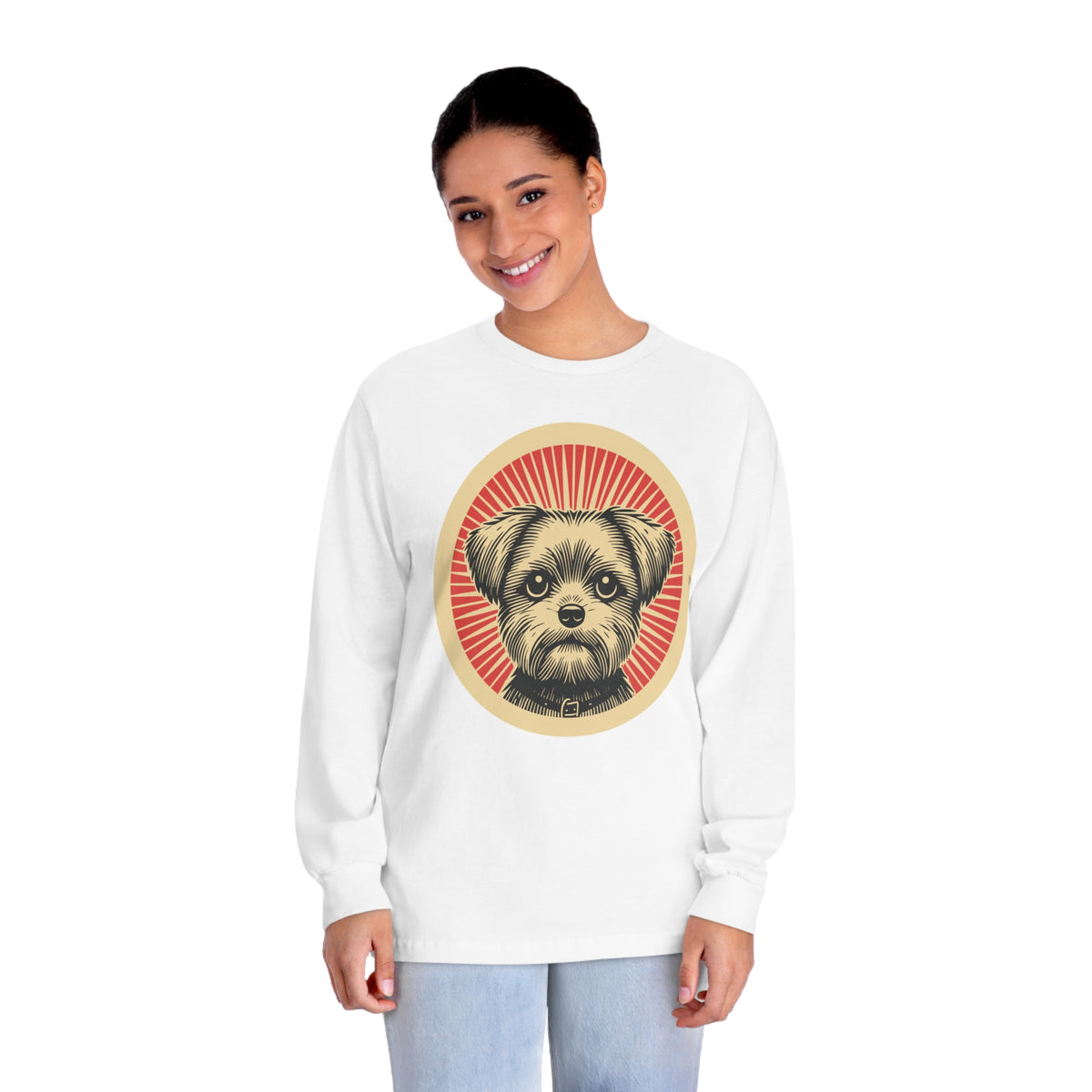 Shorkie badge art in a ring of red rays on a long-sleeve tee