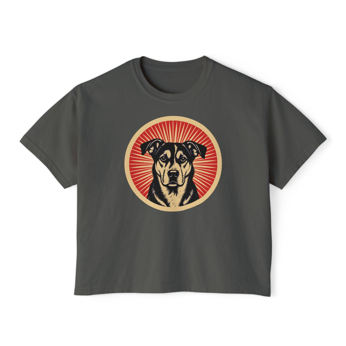 All-American badge art in a ring of red rays on a boxy tee