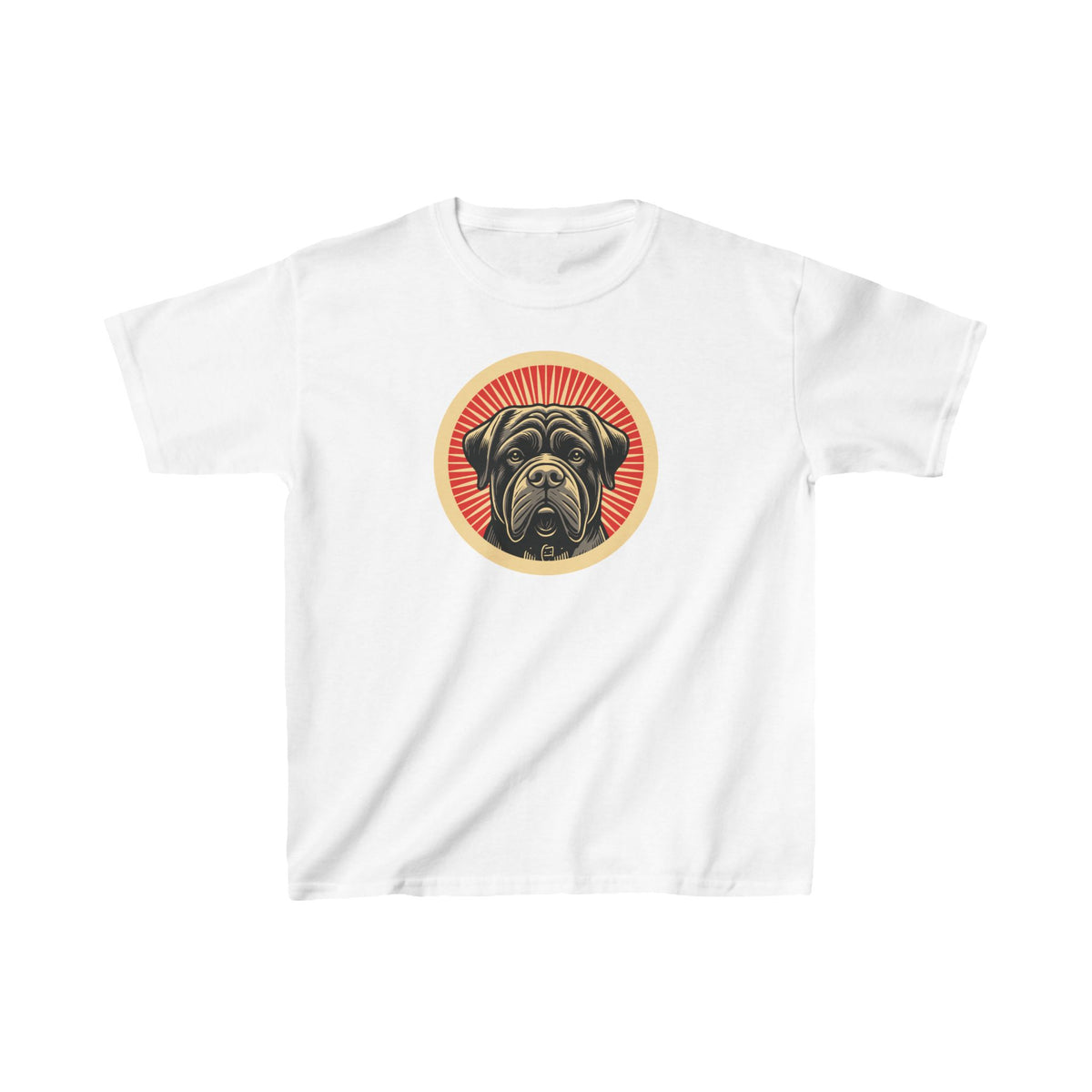 Bullmastiff badge art in a ring of red rays on a kids' tee