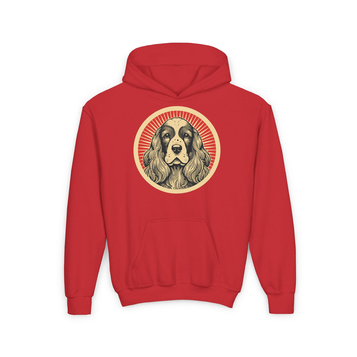 English Cocker Spaniel badge art in a ring of red rays on a kids' hoodie