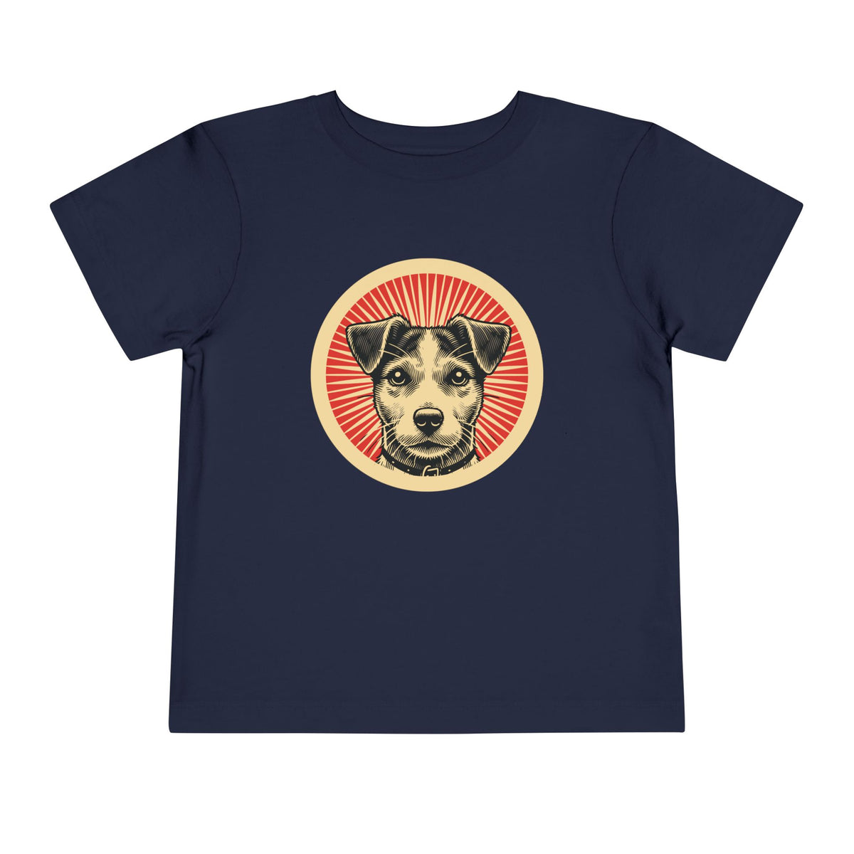 Jack Russell Terrier badge art in a ring of red rays on a toddler tee