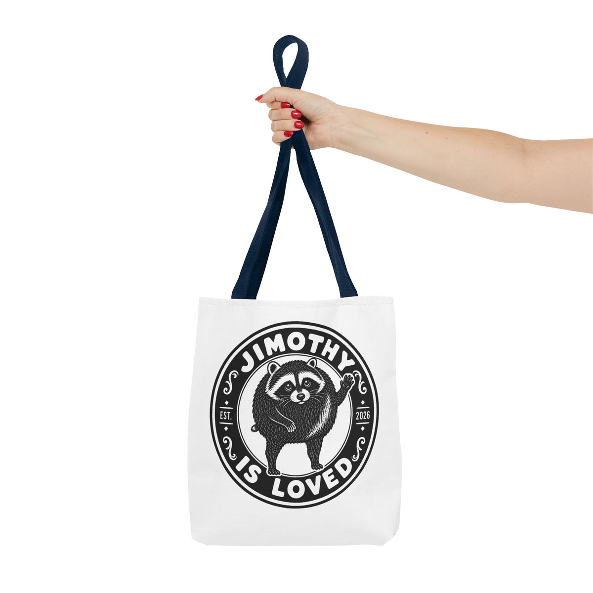 Personalized Raccoon Tote — "Jimothy Is Loved" Graphic Tote Bag