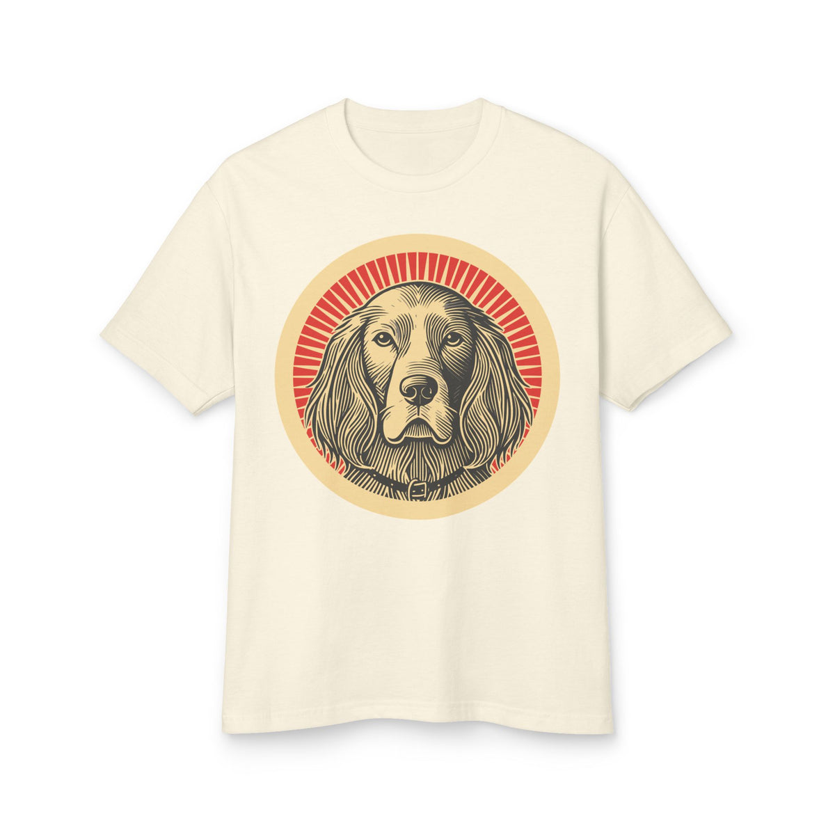 English Setter badge art in a ring of red rays on a heavyweight tee