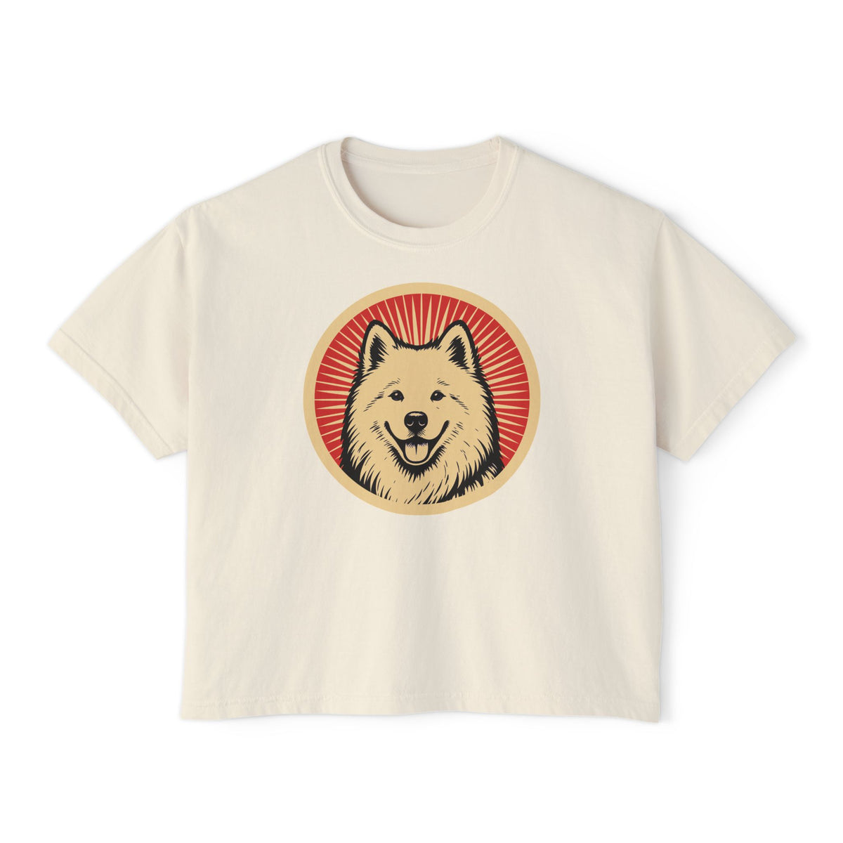 Samoyed badge art in a ring of red rays on a boxy tee