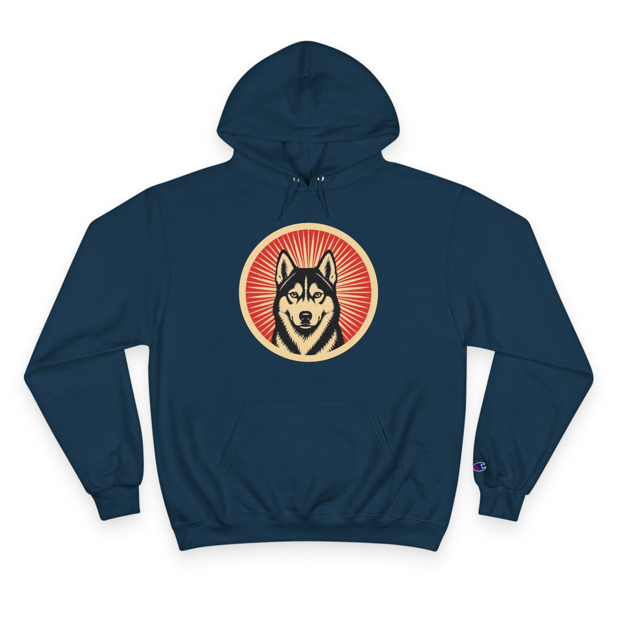 Siberian Husky badge art in a ring of red rays on a champion hoodie