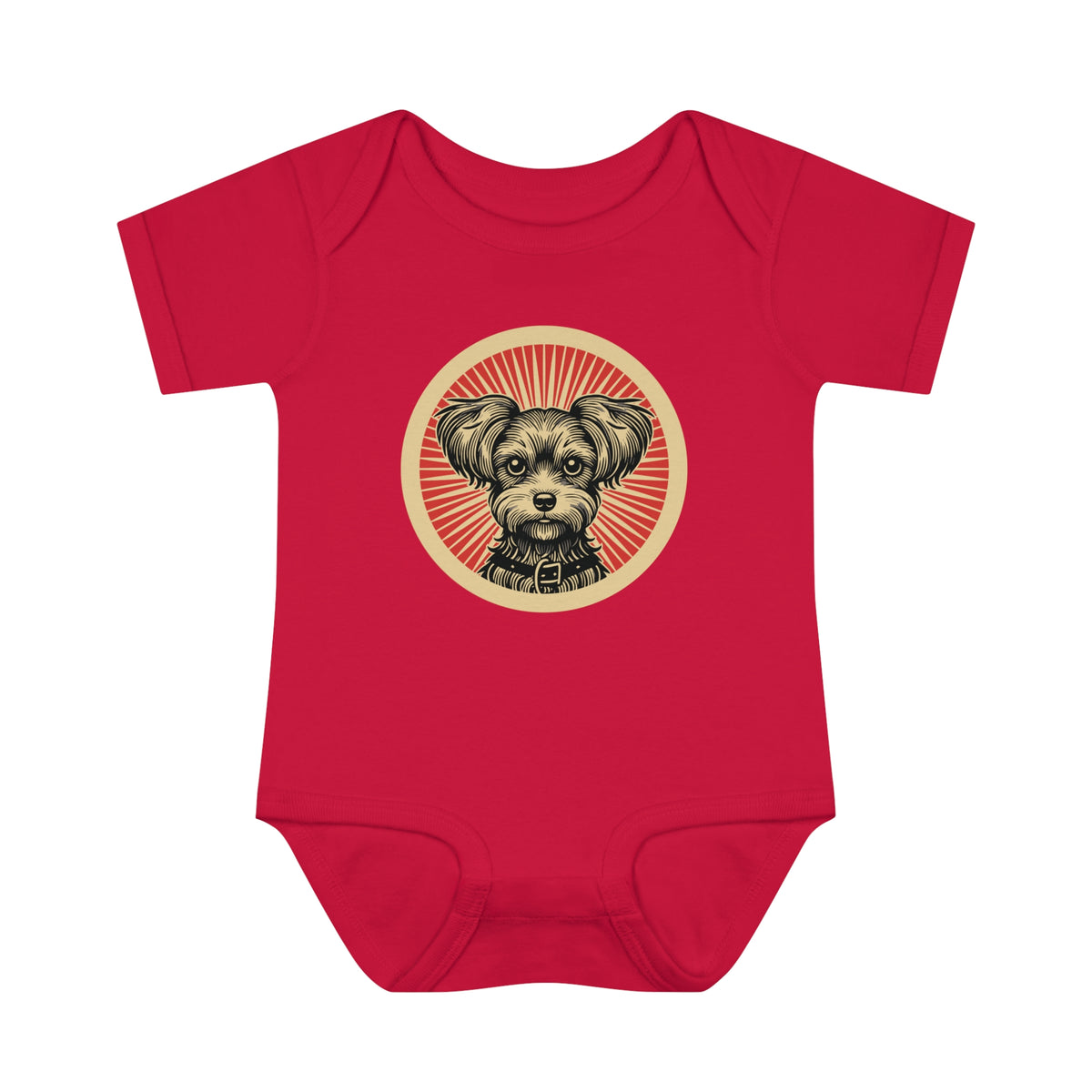 Yorkipoo badge art in a ring of red rays on a baby bodysuit