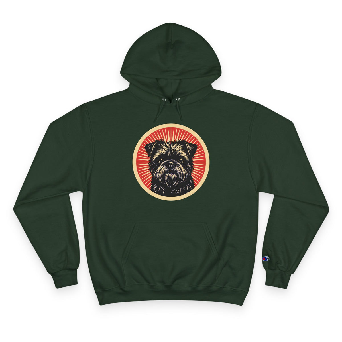 Affenpinscher badge art in a ring of red rays on a champion hoodie