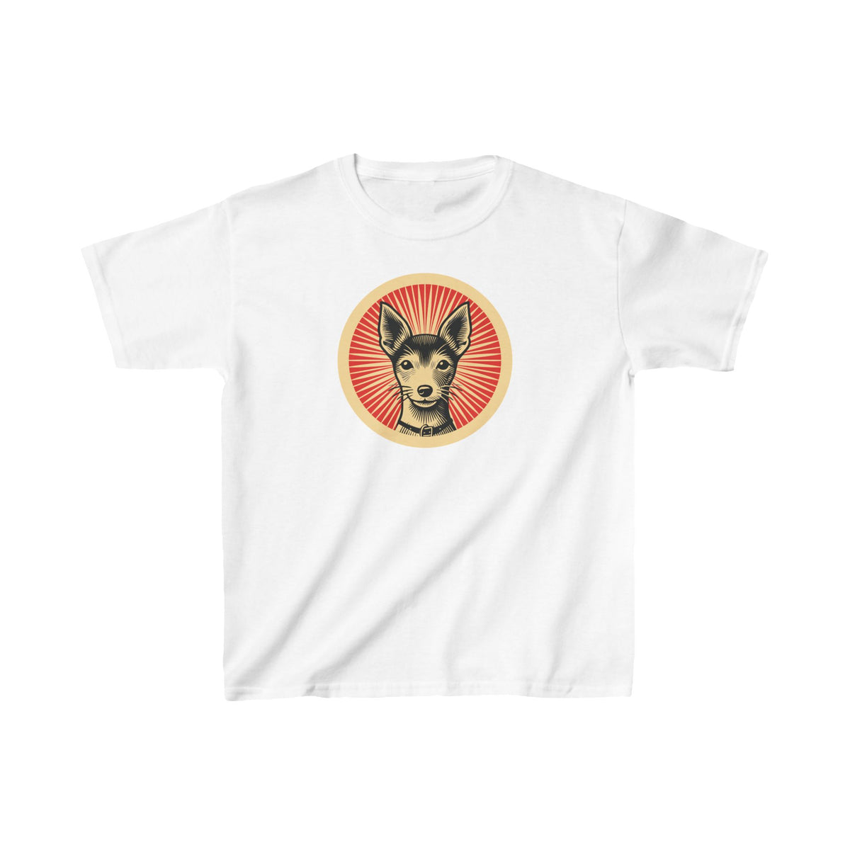 Toy Fox Terrier badge art in a ring of red rays on a kids' tee