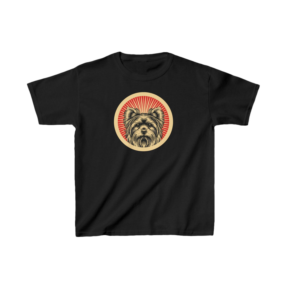 Yorkshire Terrier badge art in a ring of red rays on a kids' tee