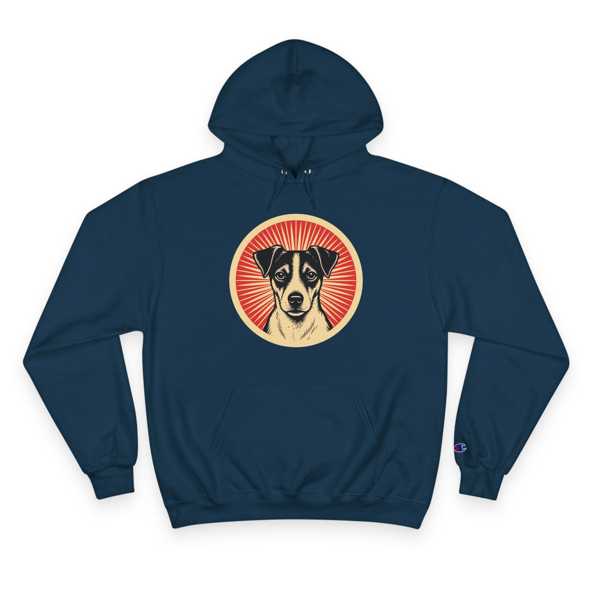 Jack Russell Terrier badge art in a ring of red rays on a champion hoodie