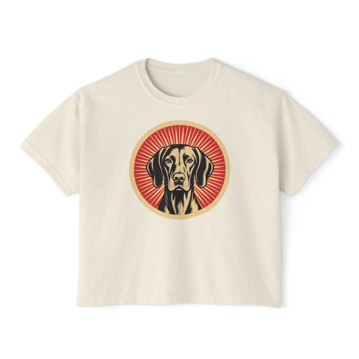 Vizsla badge art in a ring of red rays on a boxy tee