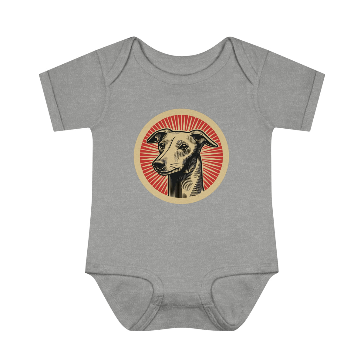 Italian Greyhound badge art in a ring of red rays on a baby bodysuit