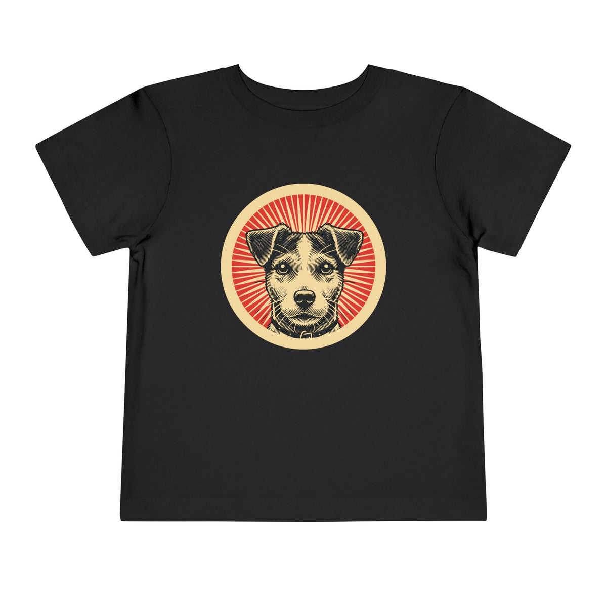 Jack Russell Terrier badge art in a ring of red rays on a toddler tee