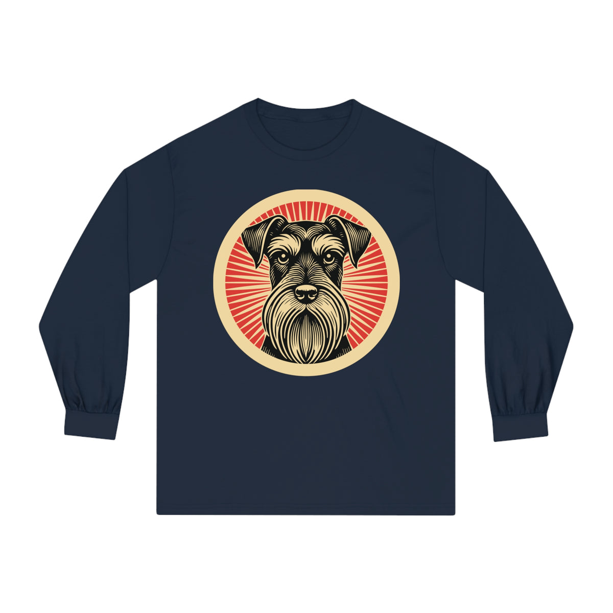 Standard Schnauzer badge art in a ring of red rays on a long-sleeve tee