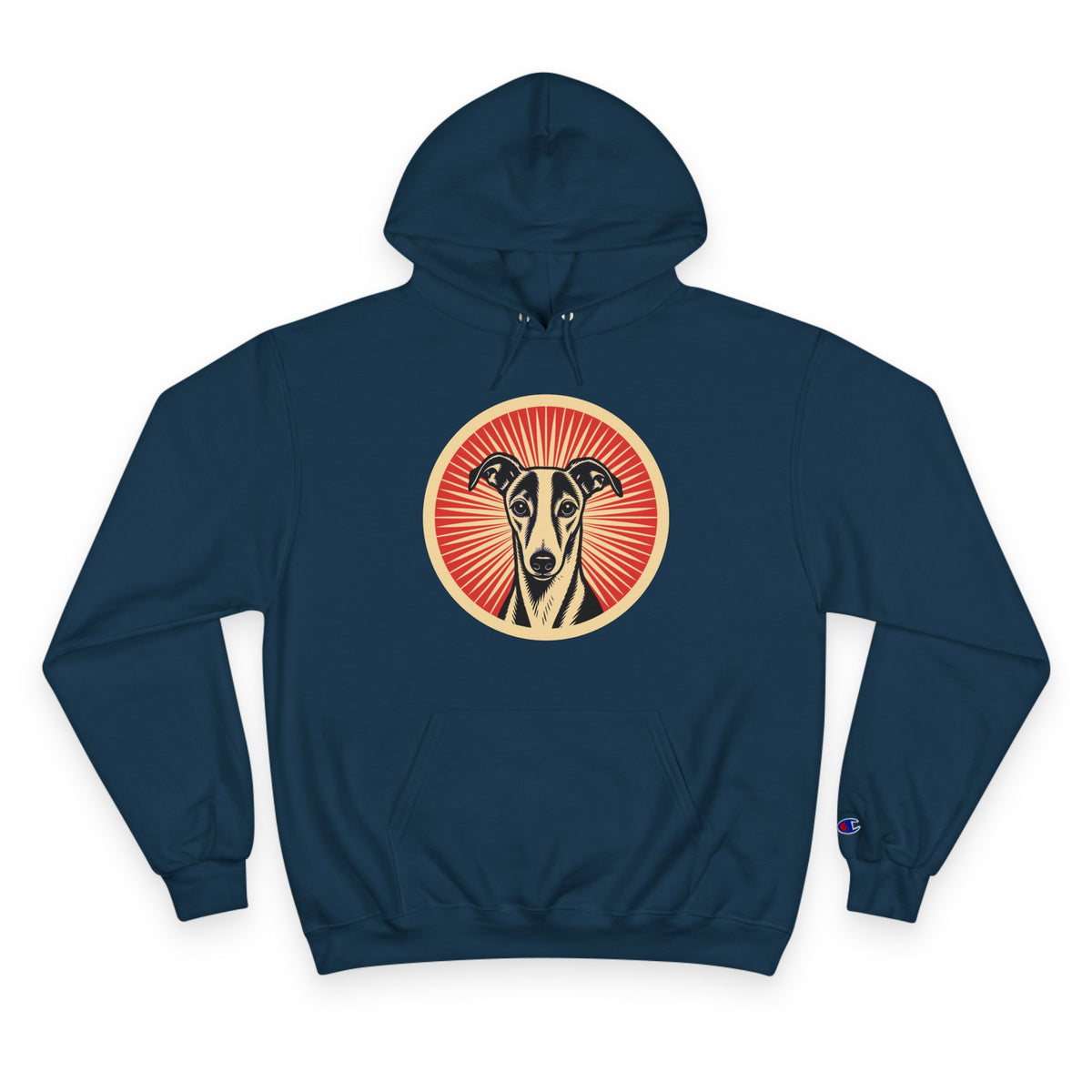 Whippet badge art in a ring of red rays on a champion hoodie