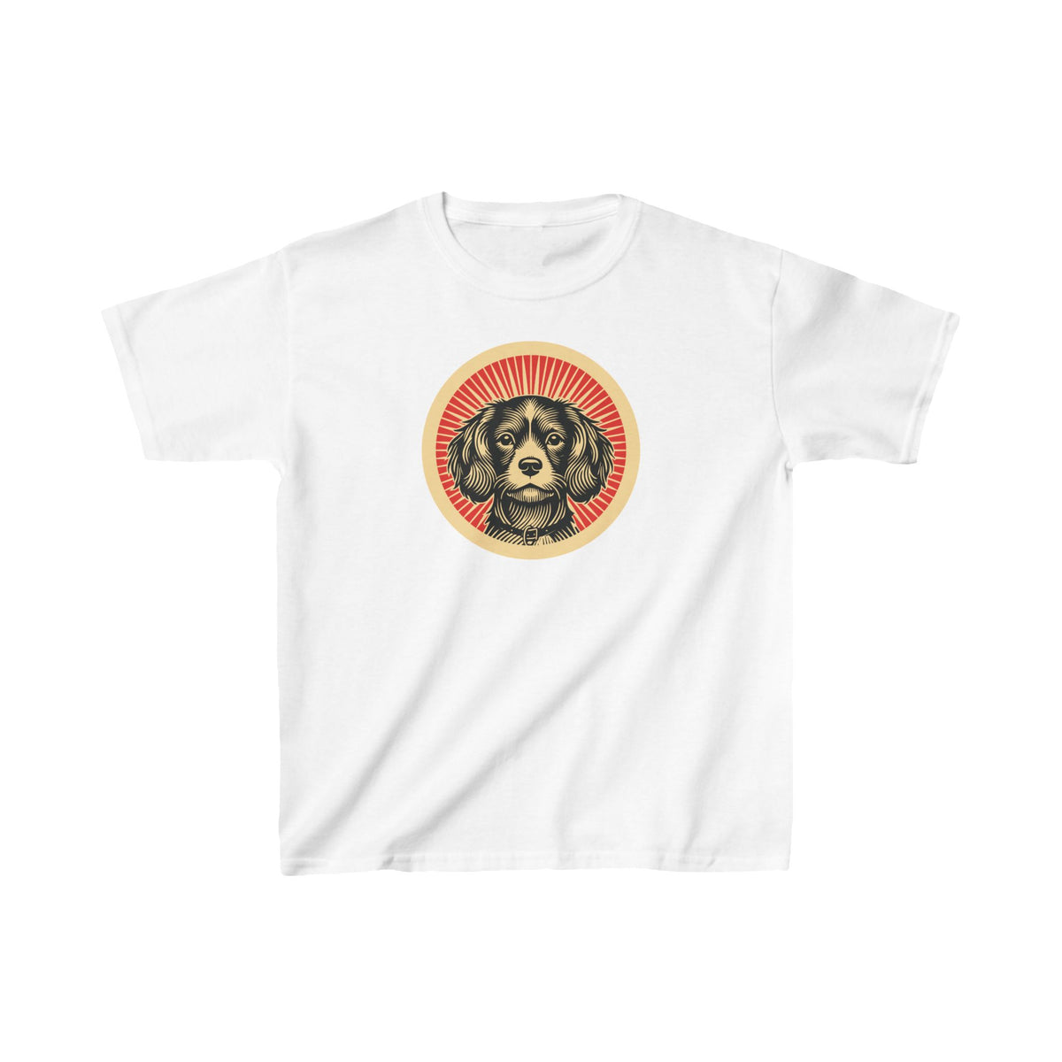 Cavachon badge art in a ring of red rays on a kids' tee