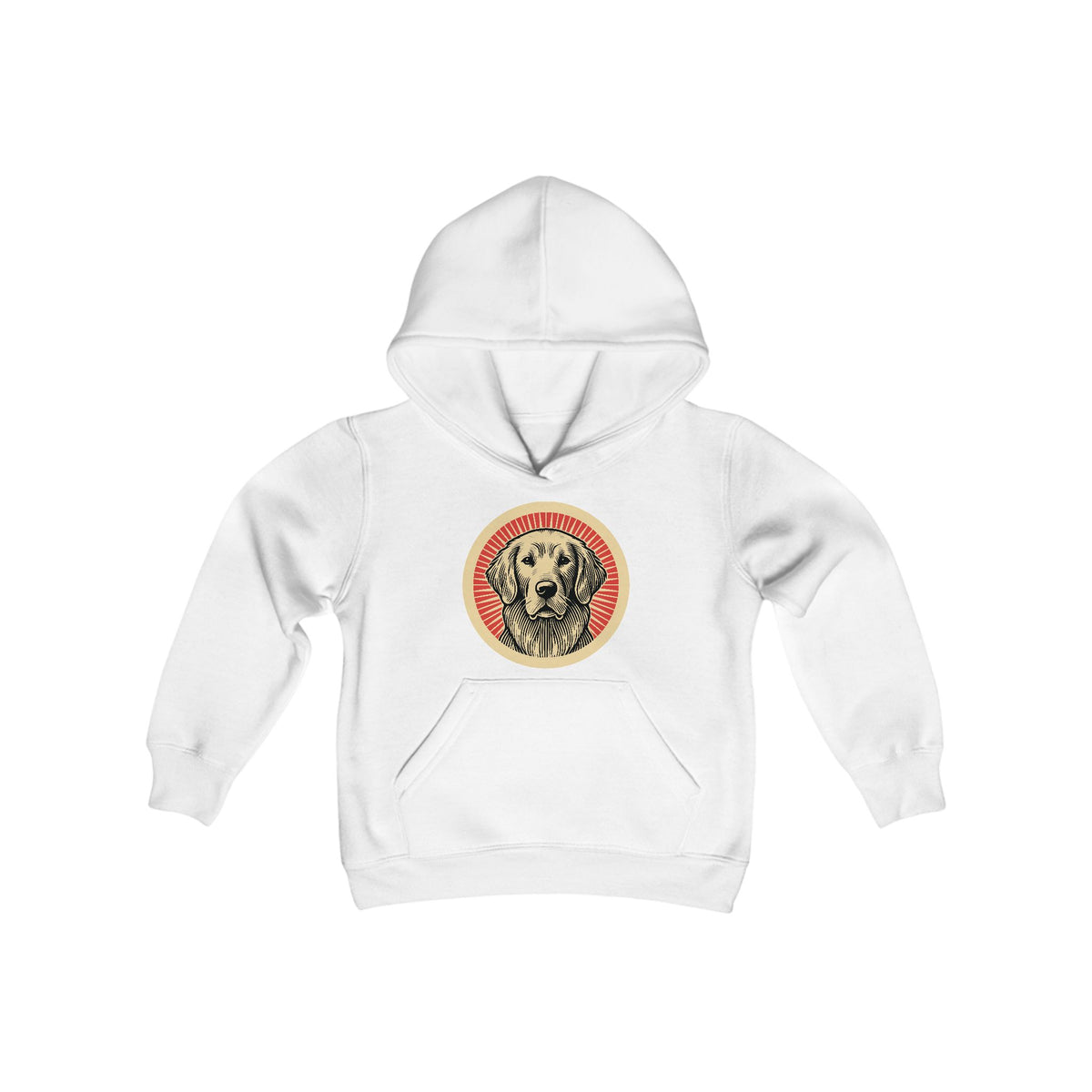 Golden Retriever badge art in a ring of red rays on a kids' hoodie