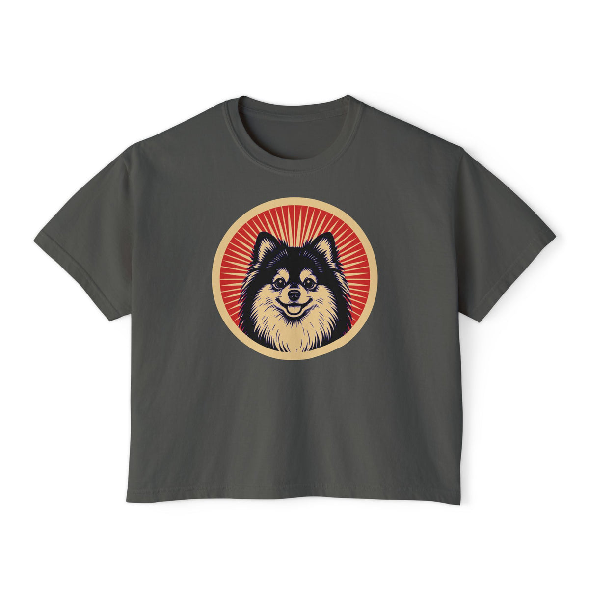 Pomeranian badge art in a ring of red rays on a boxy tee