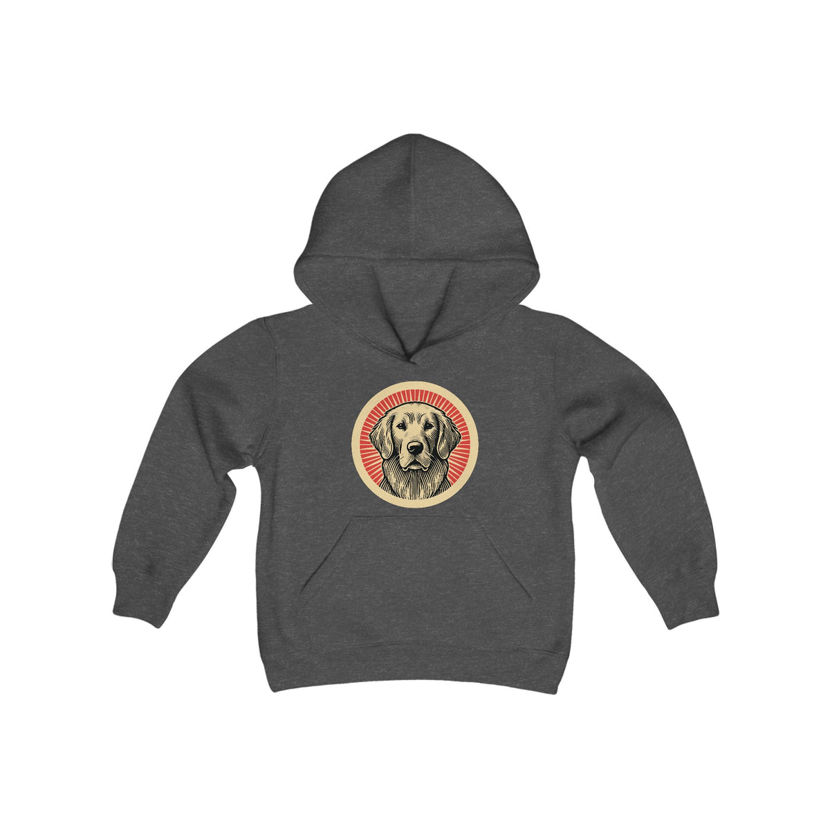 Golden Retriever badge art in a ring of red rays on a kids' hoodie