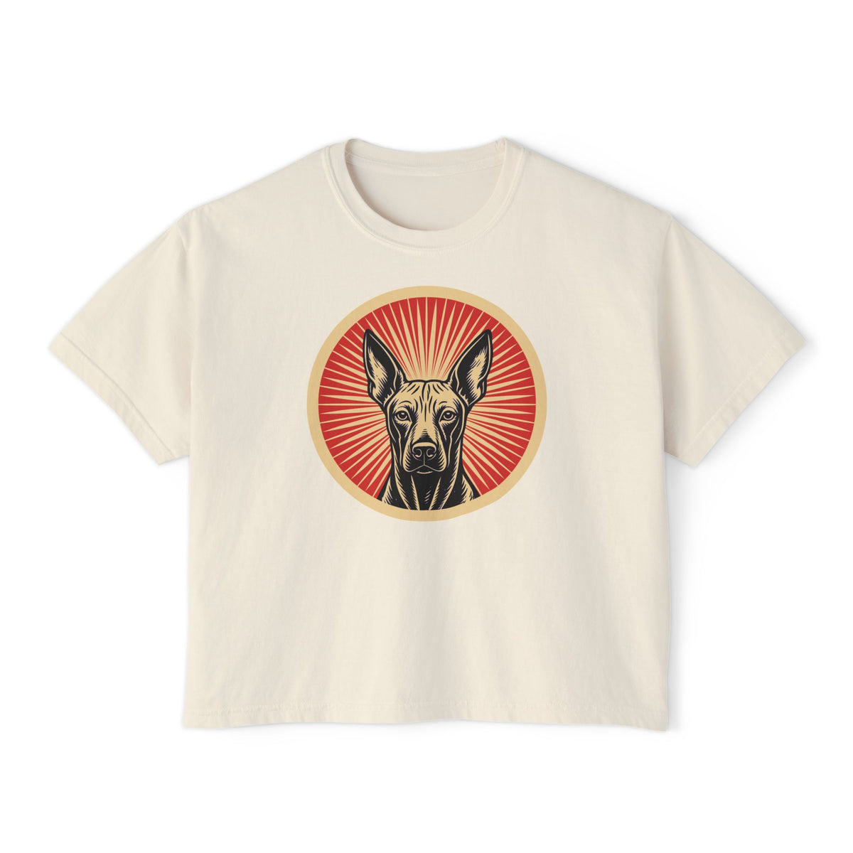 Xoloitzcuintle badge art in a ring of red rays on a boxy tee