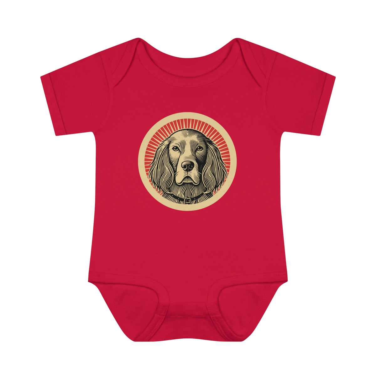 English Setter badge art in a ring of red rays on a baby bodysuit