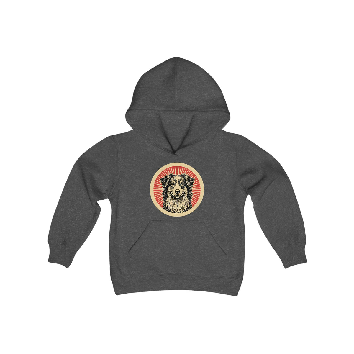 Australian Shepherd badge art in a ring of red rays on a kids' hoodie