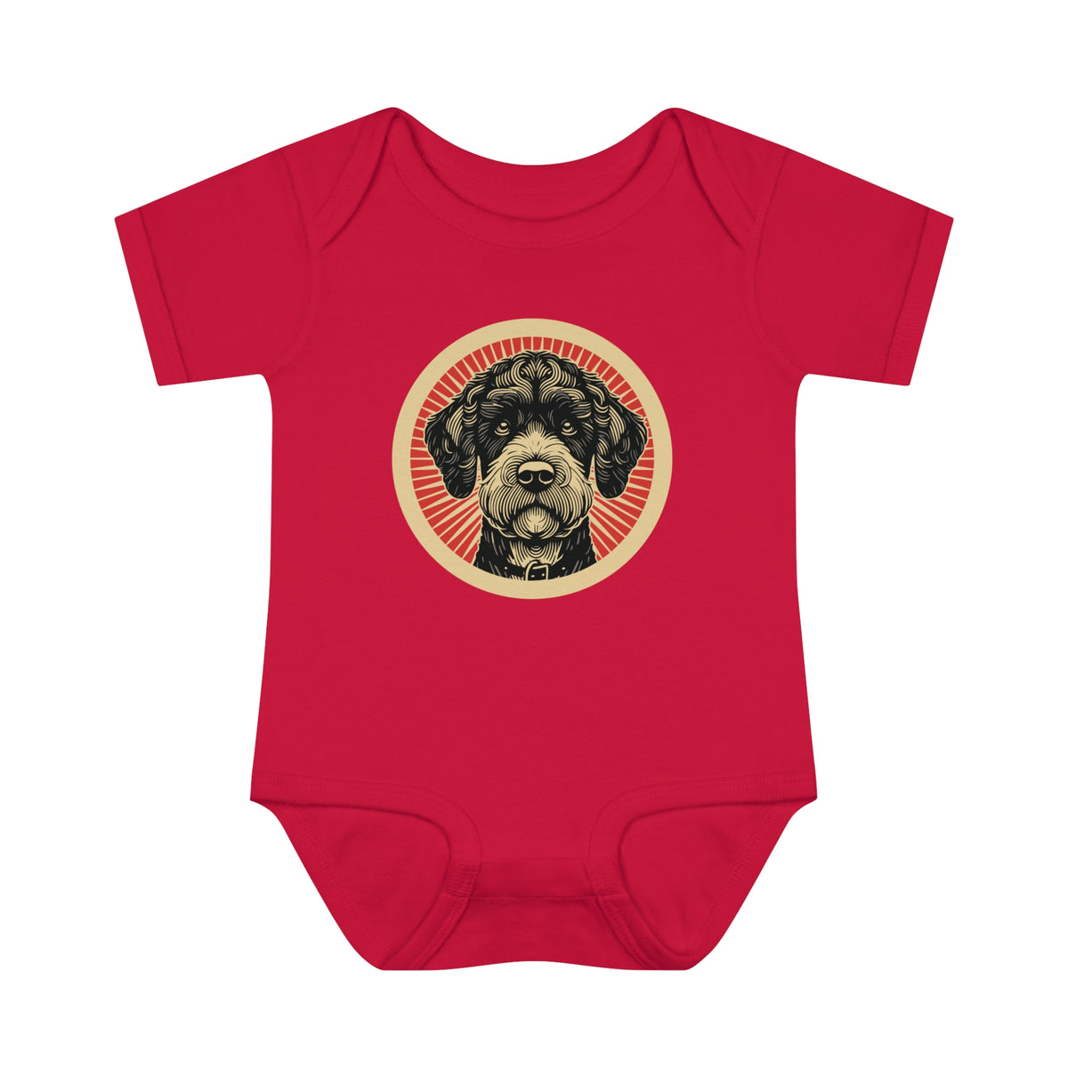 Boxerdoodle badge art in a ring of red rays on a baby bodysuit