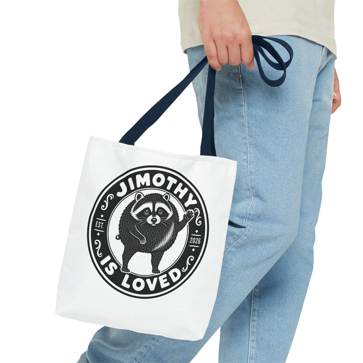 Personalized Raccoon Tote — "Jimothy Is Loved" Graphic Tote Bag
