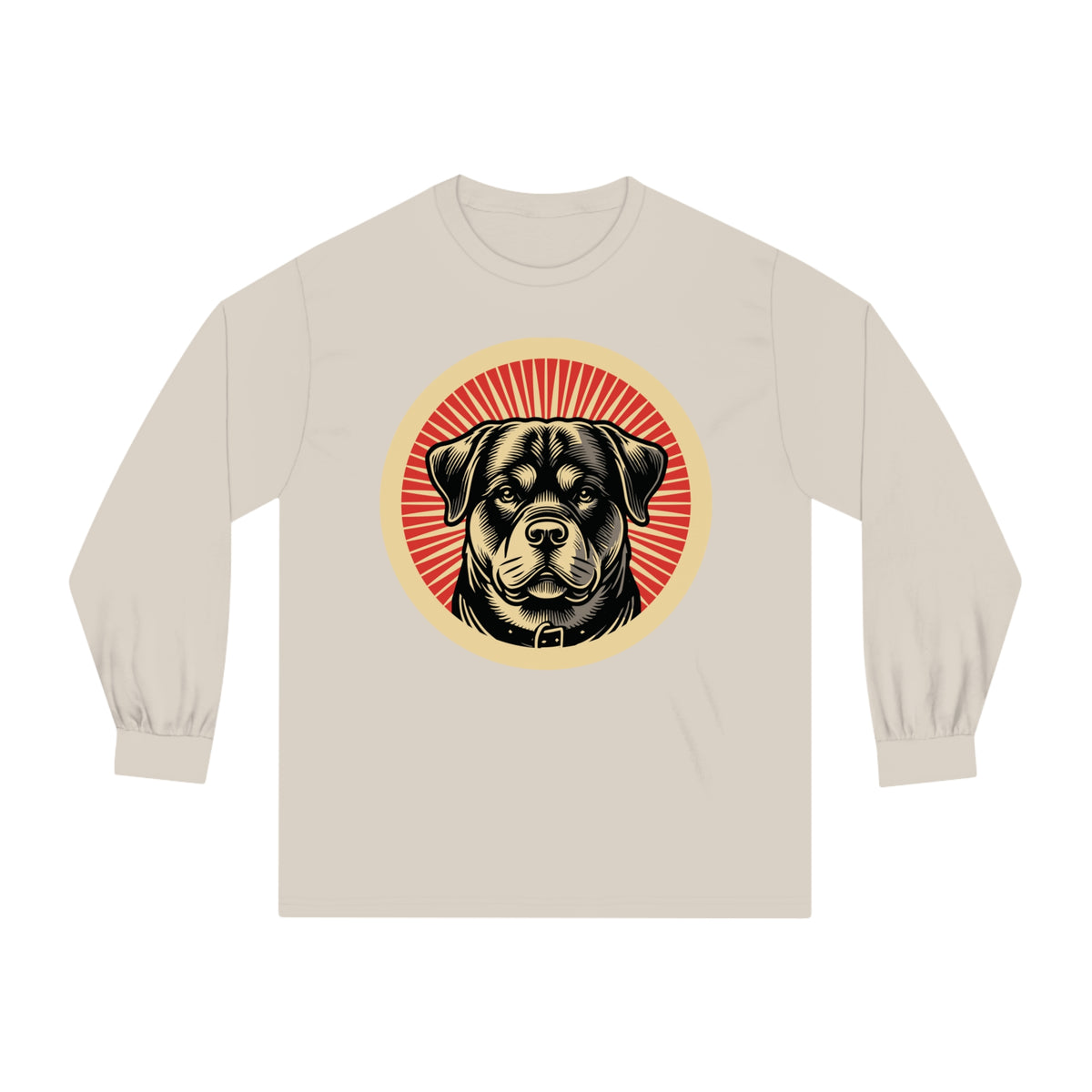 Rottweiler badge art in a ring of red rays on a long-sleeve tee