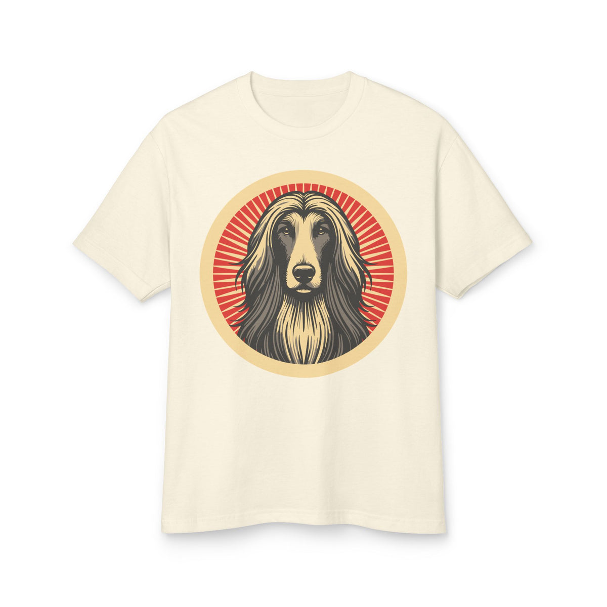 Afghan Hound badge art in a ring of red rays on a heavyweight tee