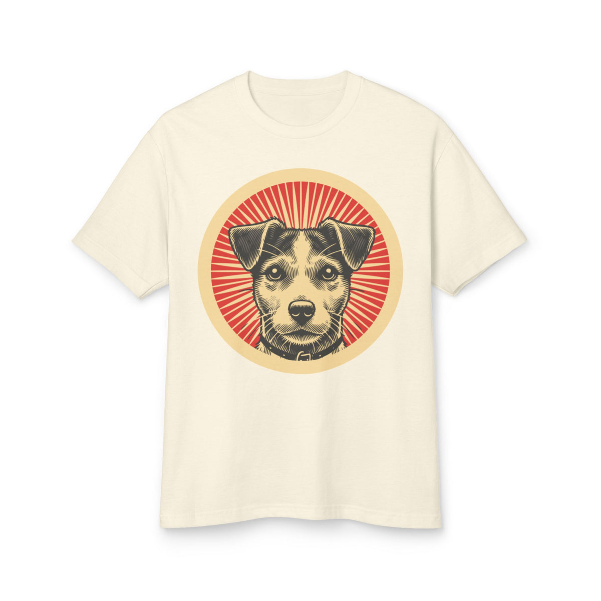 Jack Russell Terrier badge art in a ring of red rays on a heavyweight tee