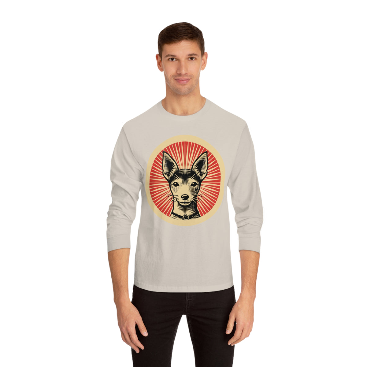Toy Fox Terrier badge art in a ring of red rays on a long-sleeve tee