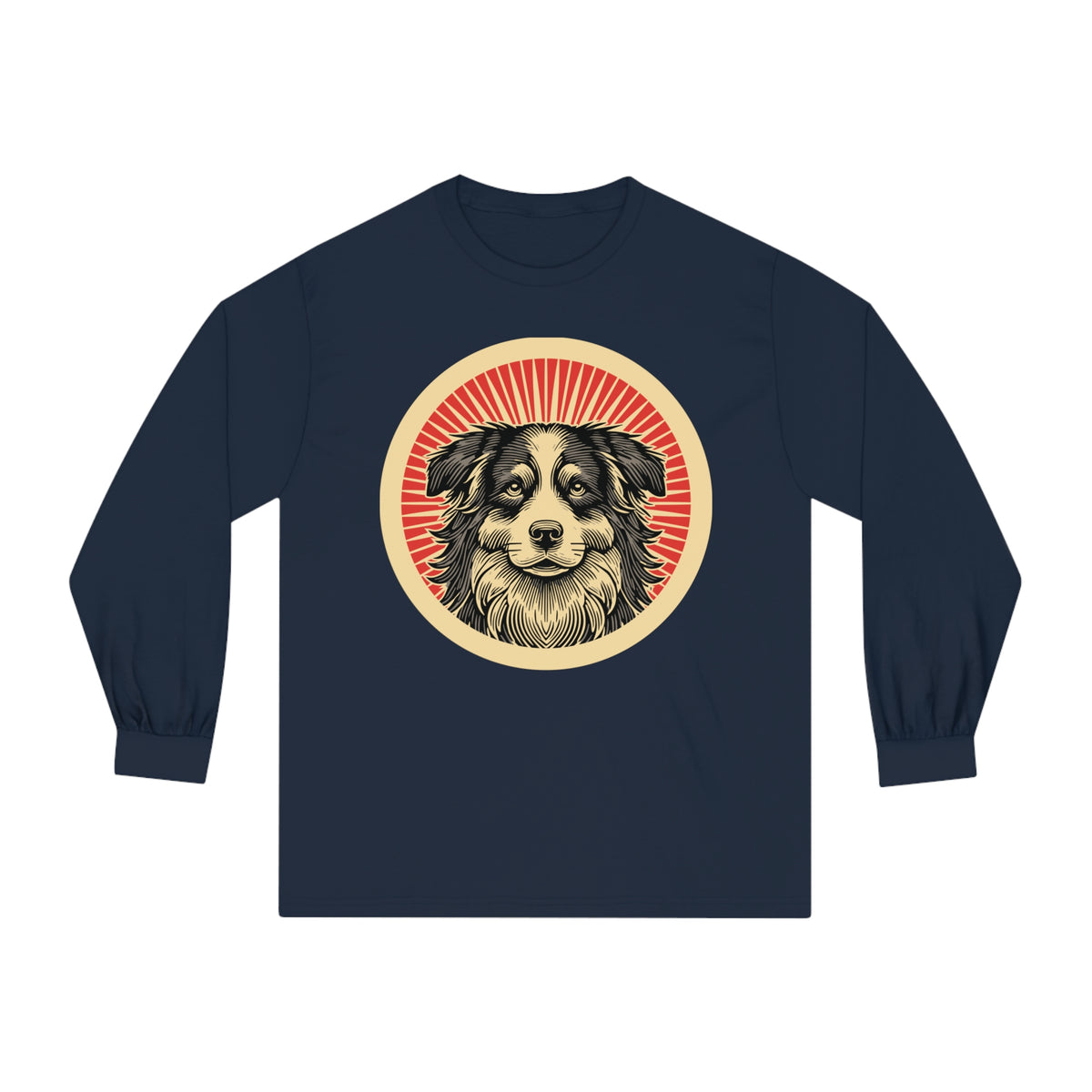 Border Collie badge art in a ring of red rays on a long-sleeve tee