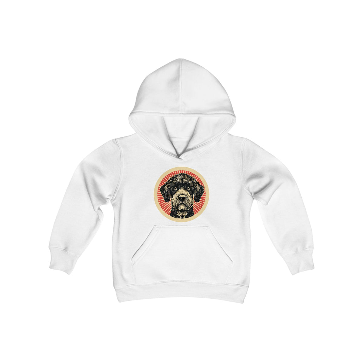 Boxerdoodle badge art in a ring of red rays on a kids' hoodie
