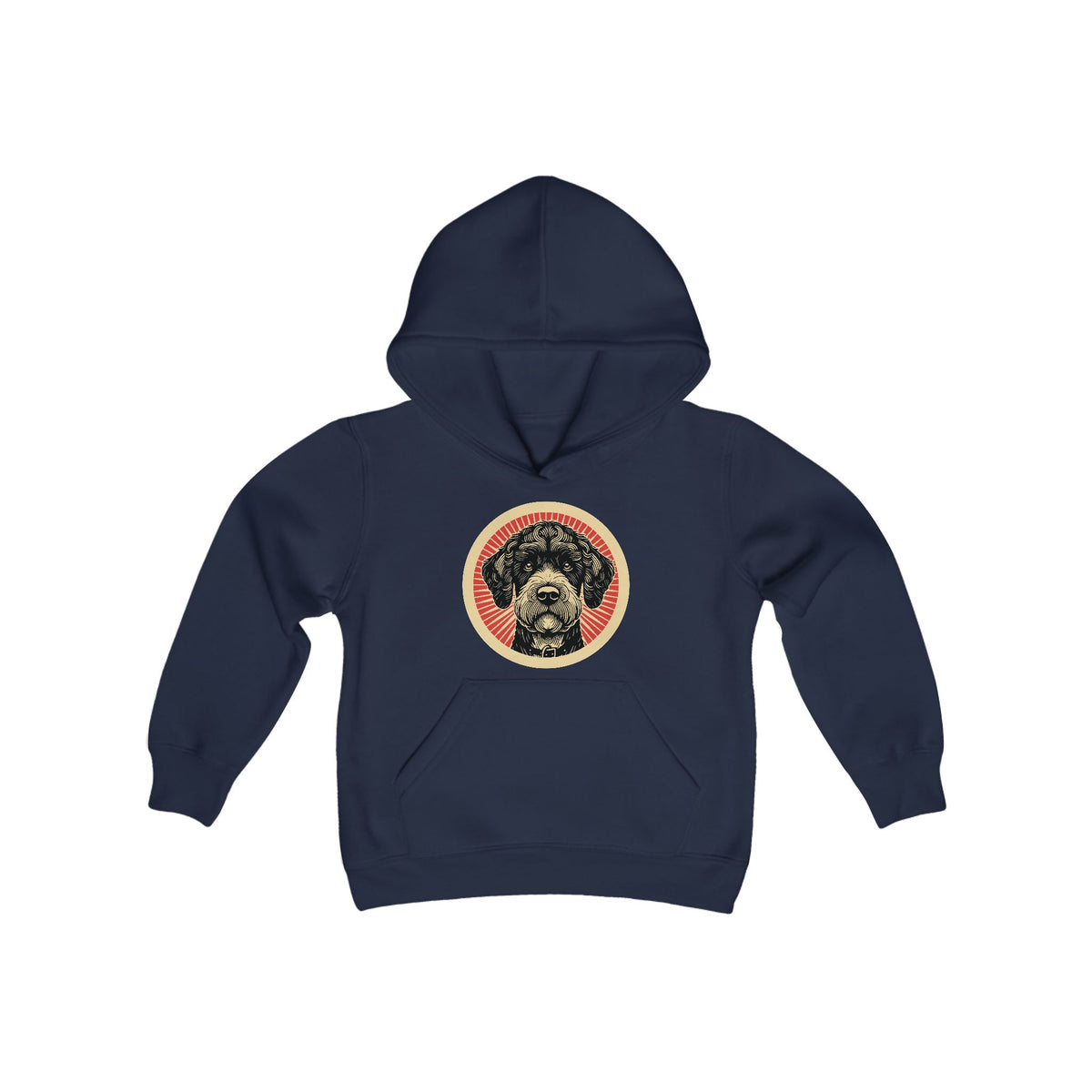 Boxerdoodle badge art in a ring of red rays on a kids' hoodie