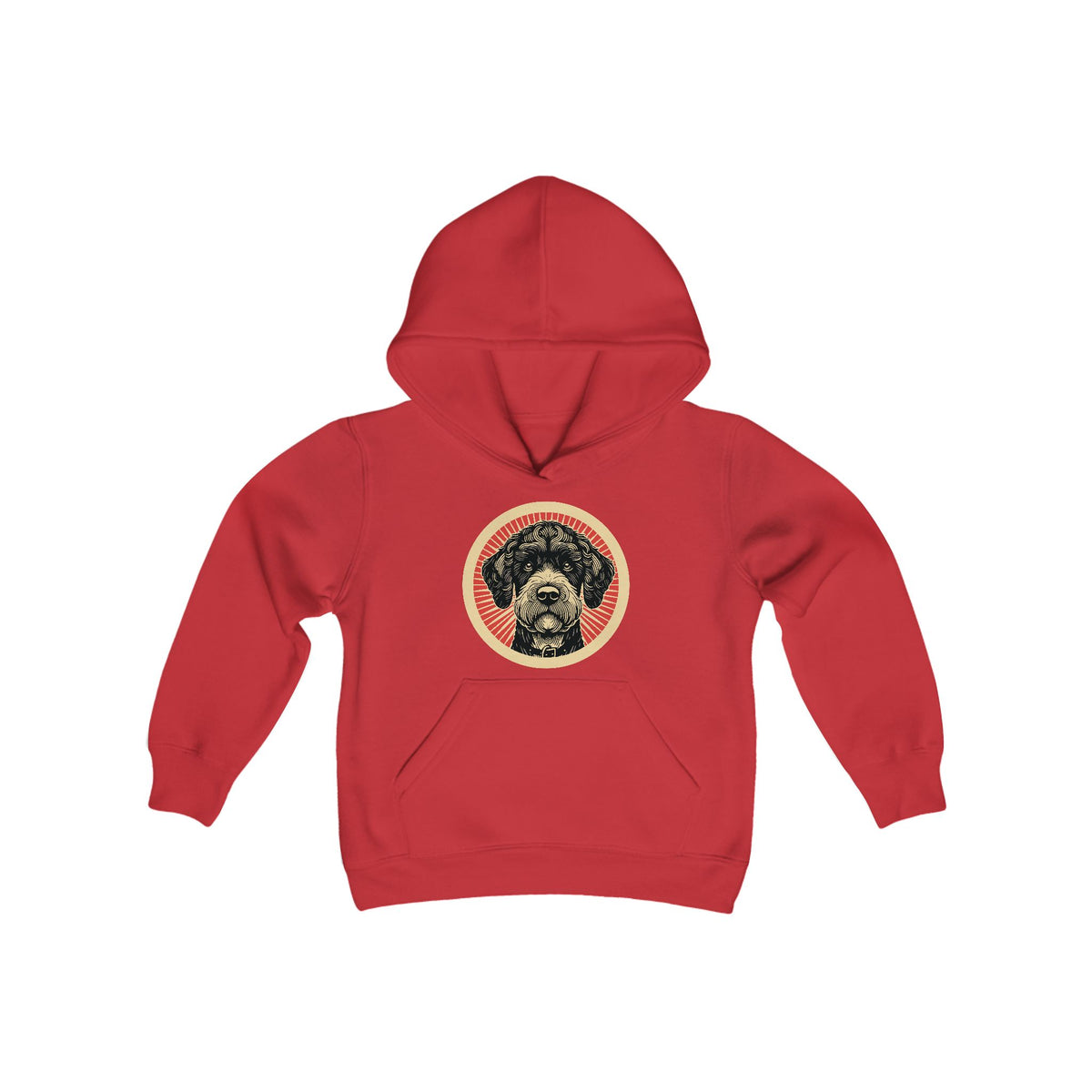 Boxerdoodle badge art in a ring of red rays on a kids' hoodie