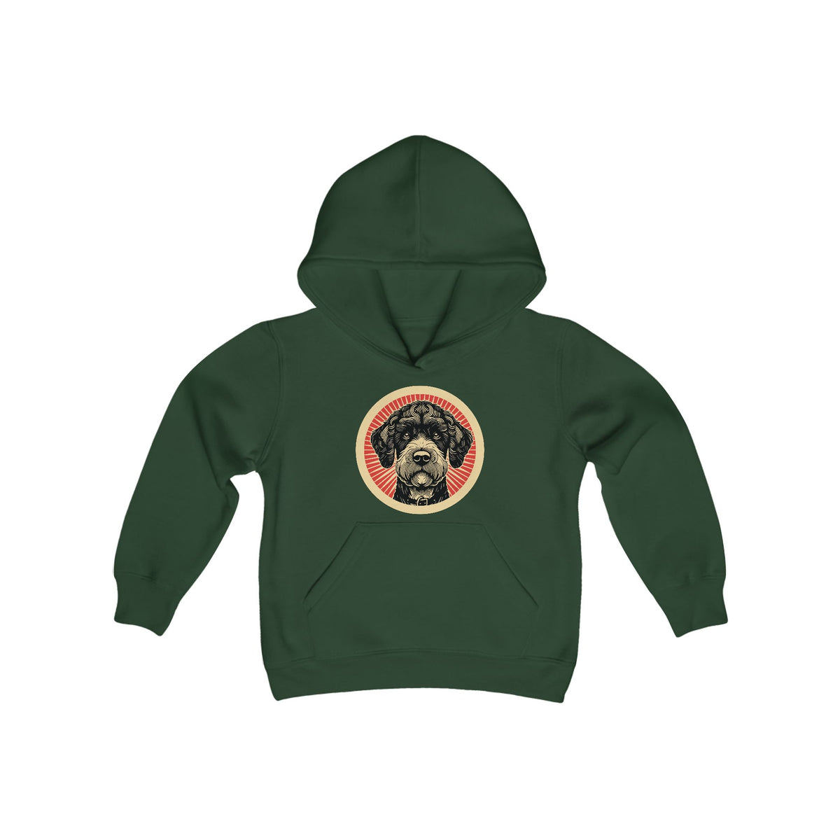 Boxerdoodle badge art in a ring of red rays on a kids' hoodie