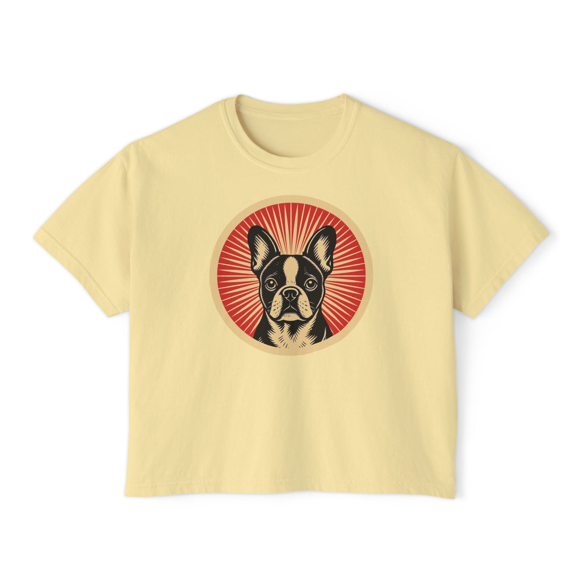 Frenchton badge art in a ring of red rays on a boxy tee