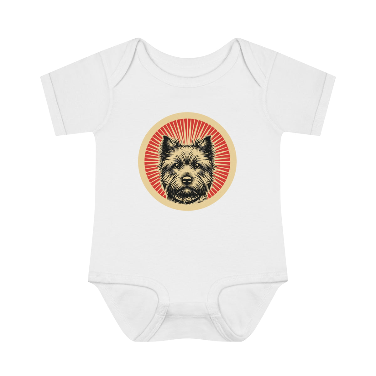 Cairn Terrier badge art in a ring of red rays on a baby bodysuit