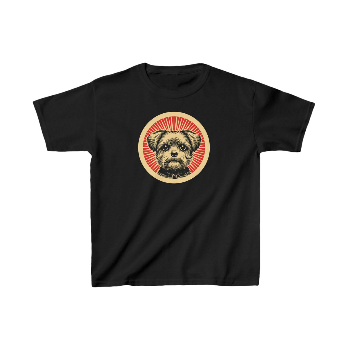 Shorkie badge art in a ring of red rays on a kids' tee